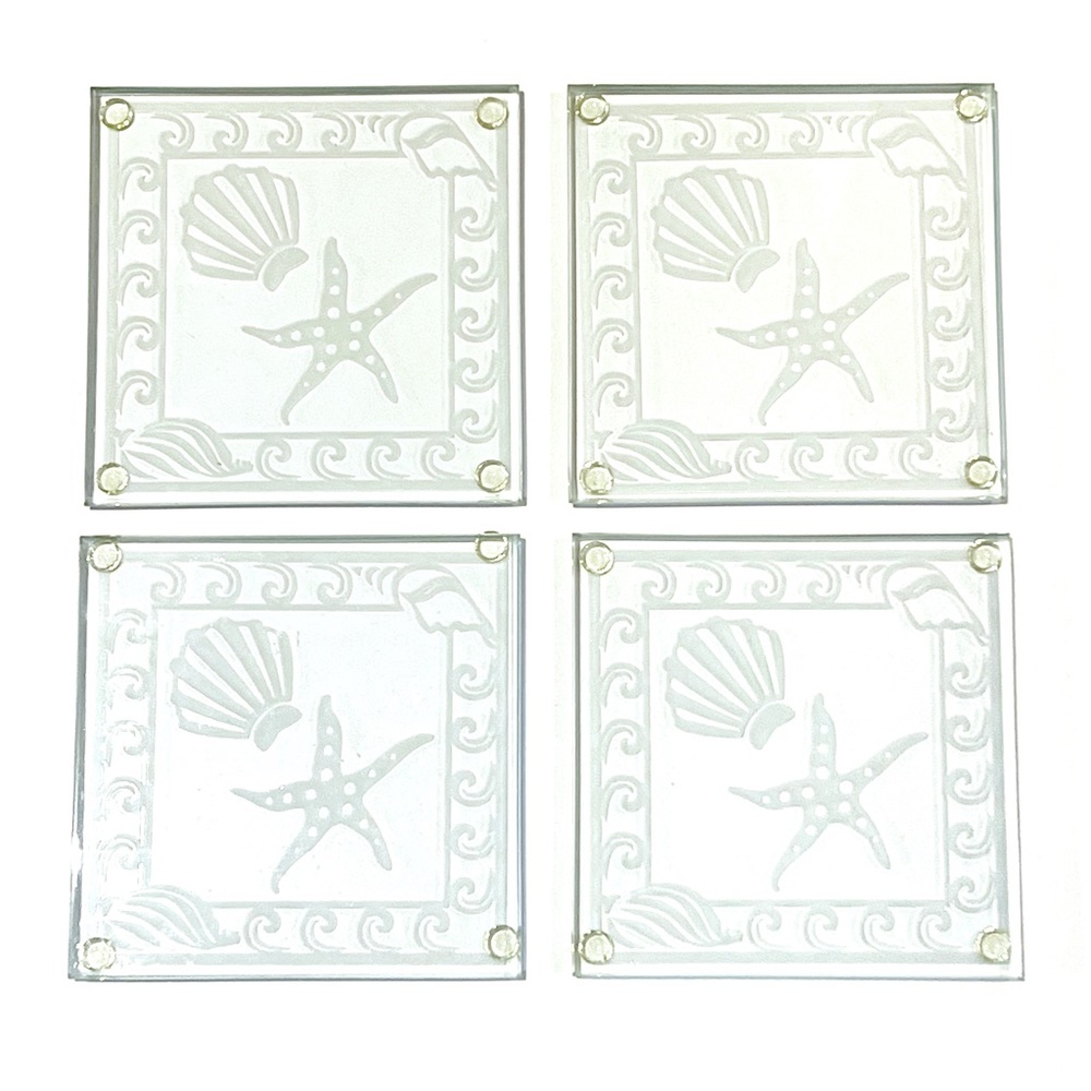 Kate Aspen Green Glass Ocean Design Coasters Set of 4 Sea Shell Starfish Waves